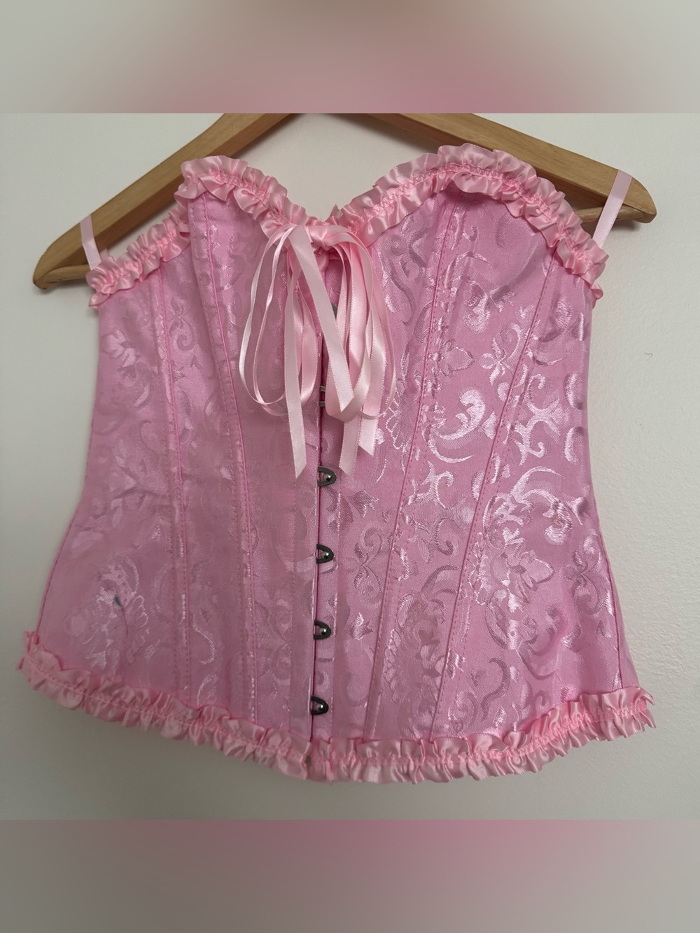 Pink Satin Brocade Corset Top with Ribbon Lace-Up